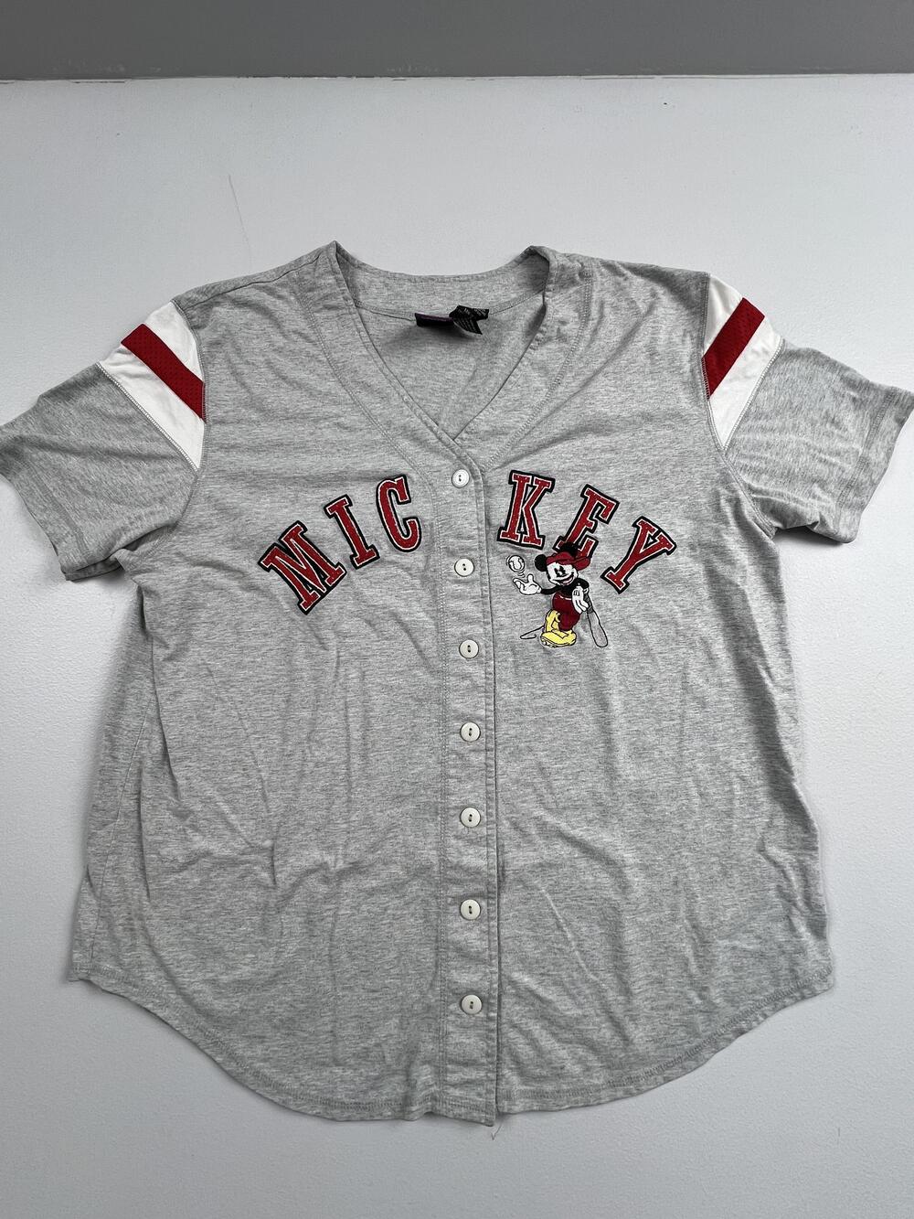 Mickey Unlimited Button Up Shirt Womens 14W/16W Gray V Neck Short Sleeve Jersey